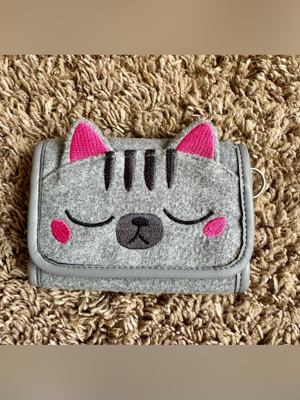 Cat & Jack, Gray Felt Cat Tri Fold Velcro Wallet with Pink Accents